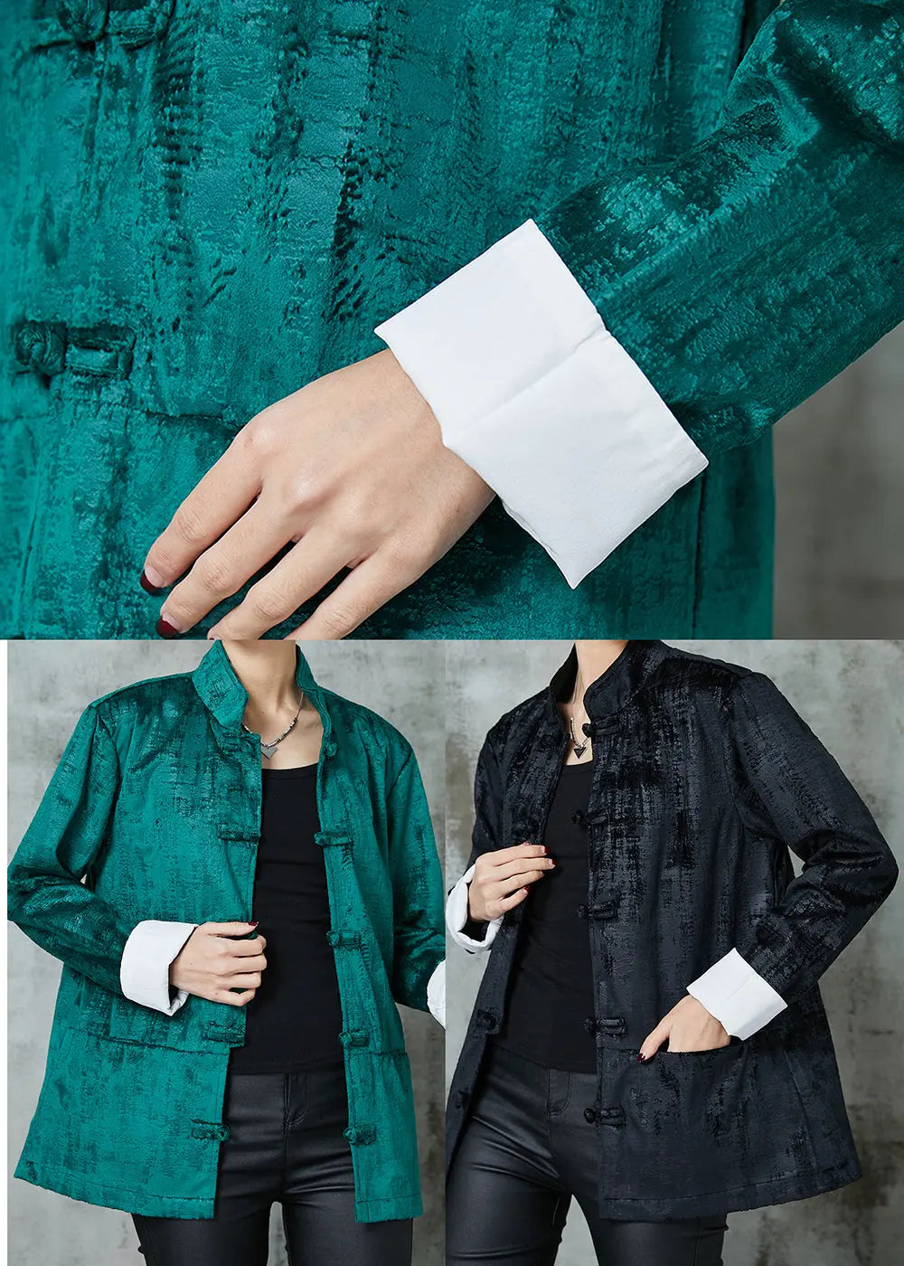 Peacock Green Stand Collar Chinese Button Cotton Coats Spring Jk1054