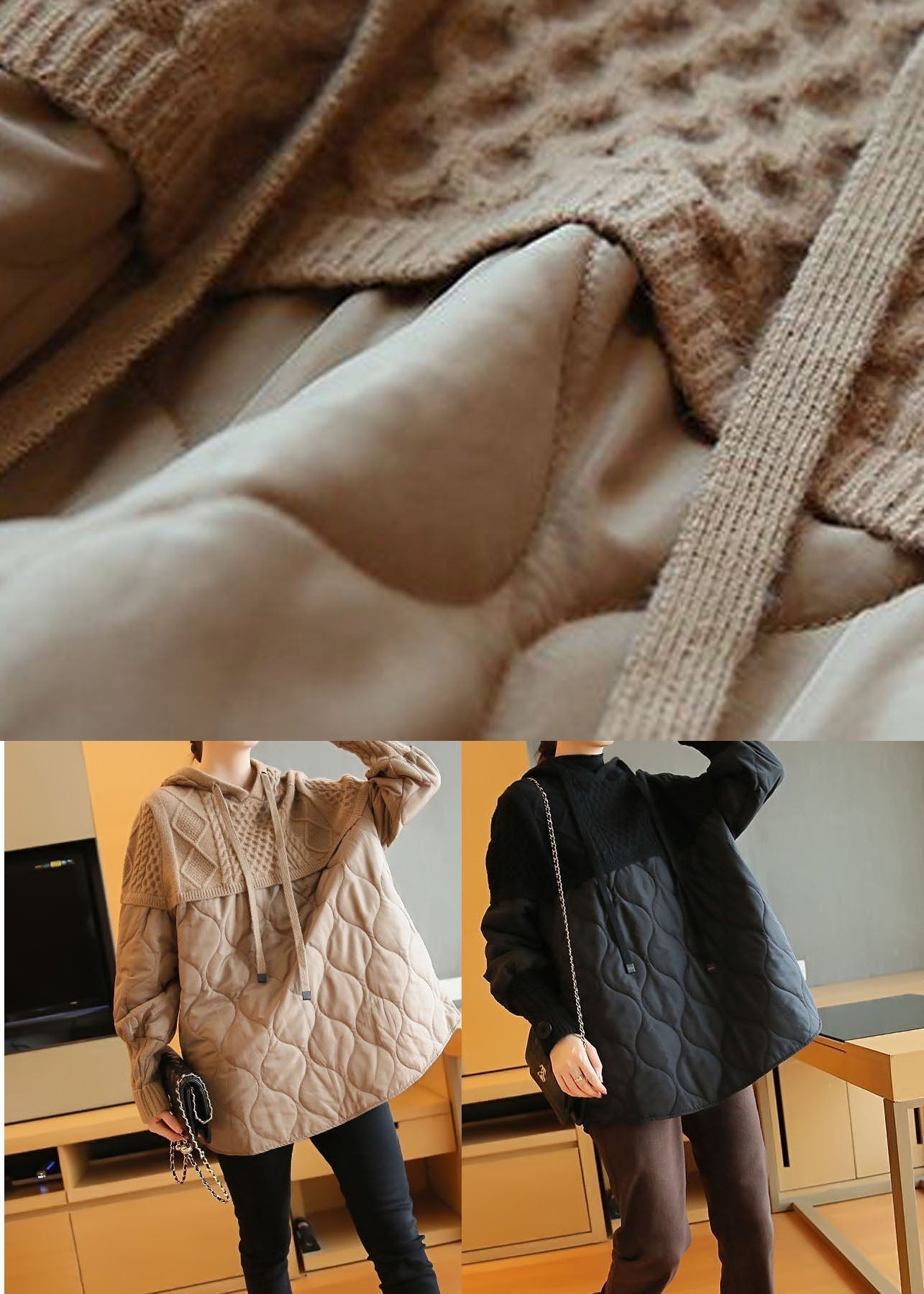 Khaki Oversized Patchwork Knit Sweatshirts Top Spring Ly1443
