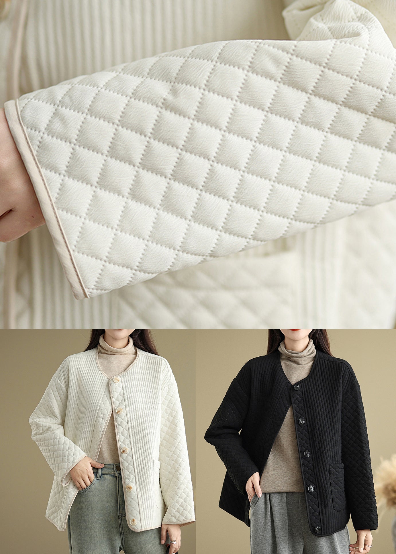Black Pockets Button Fine Cotton Filled Coat O Neck Spring Ti015