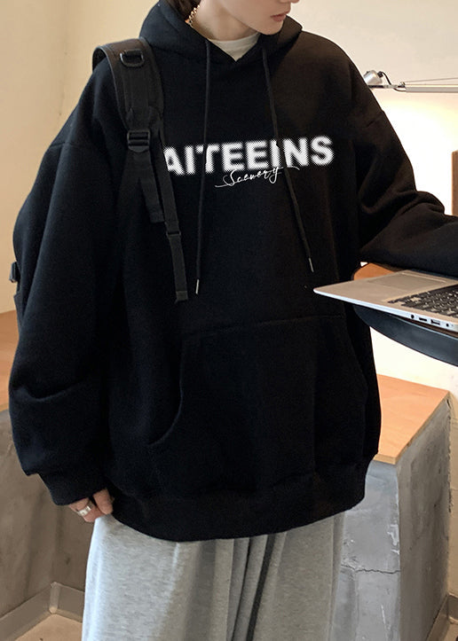 Black Pockets Loose Warm Fleece Spring Sweatshirt Hooded Yq024