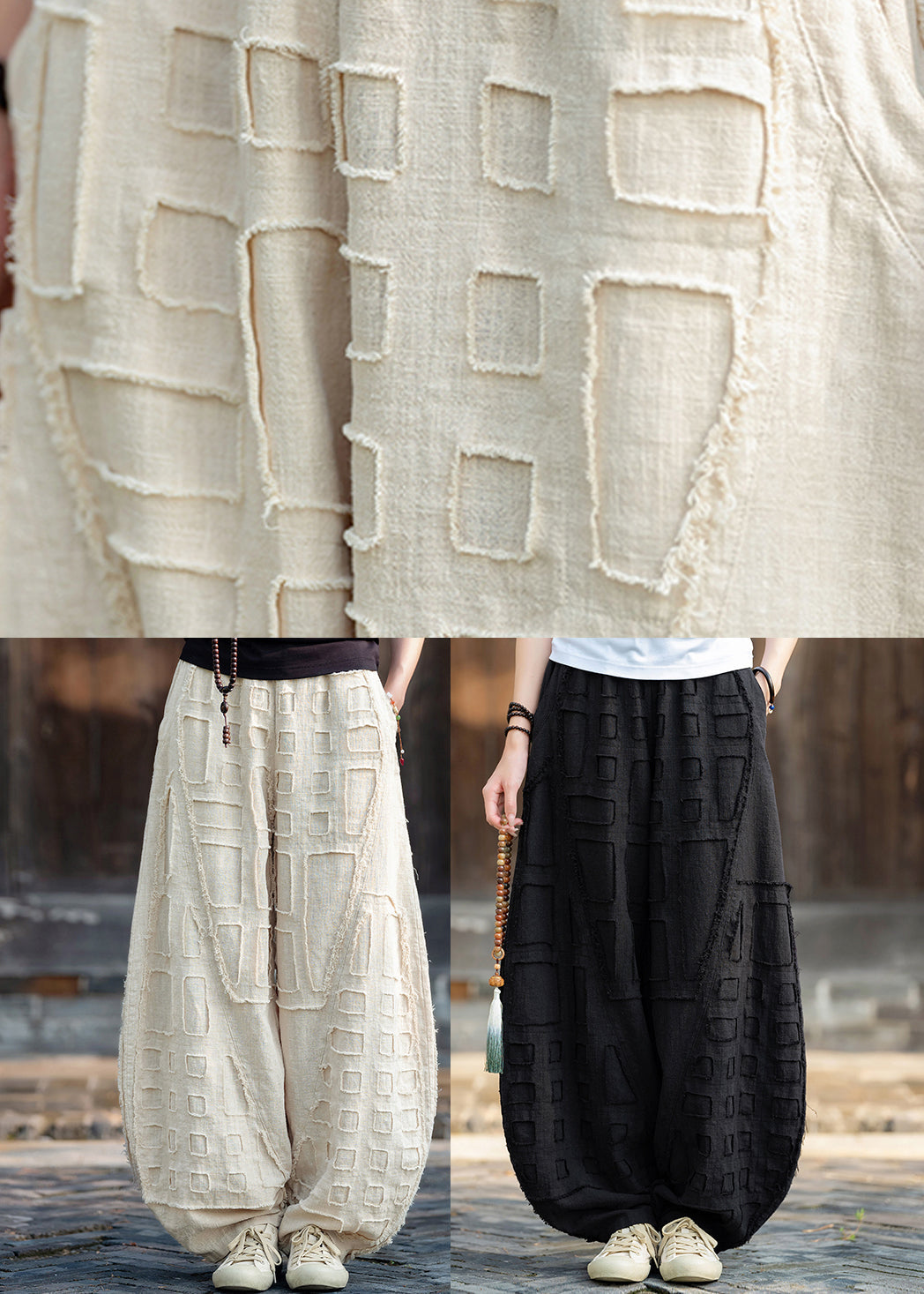 Black Pockets Patchwork Linen Lantern Pants Elastic Waist Fall Ru012