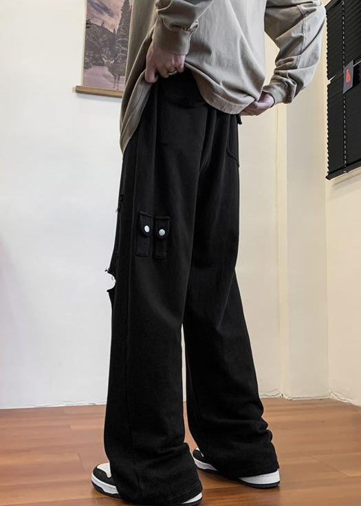 Black Pockets Cotton Fall Pants Elastic Waist Wa047
