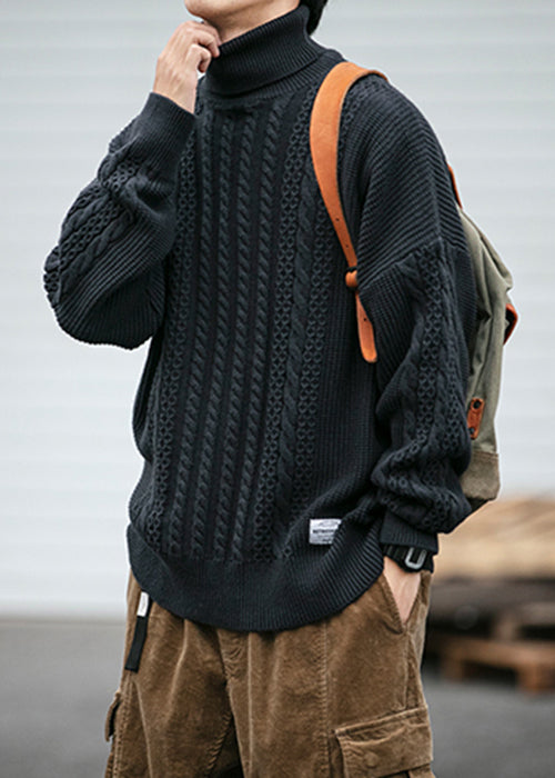 Black Cozy Cable Knit Sweaters Turtleneck Winter Rj038