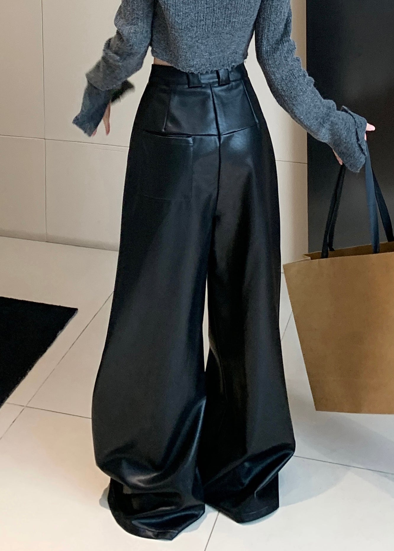 Black Faux Leather Wide Leg Pants High Waist Pp032