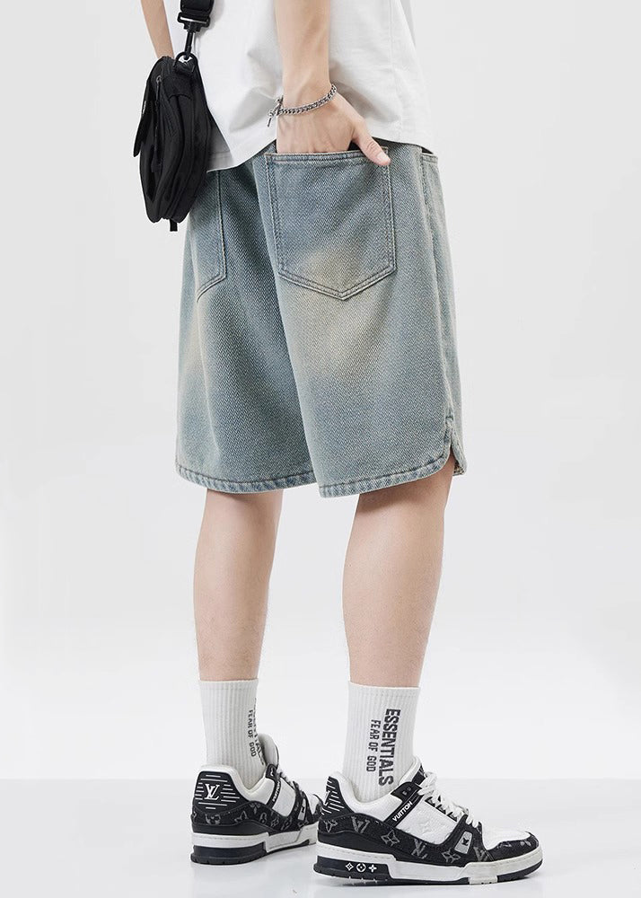Blue Lace Up Elastic Waist Denim Shorts Pockets Summer Yl033