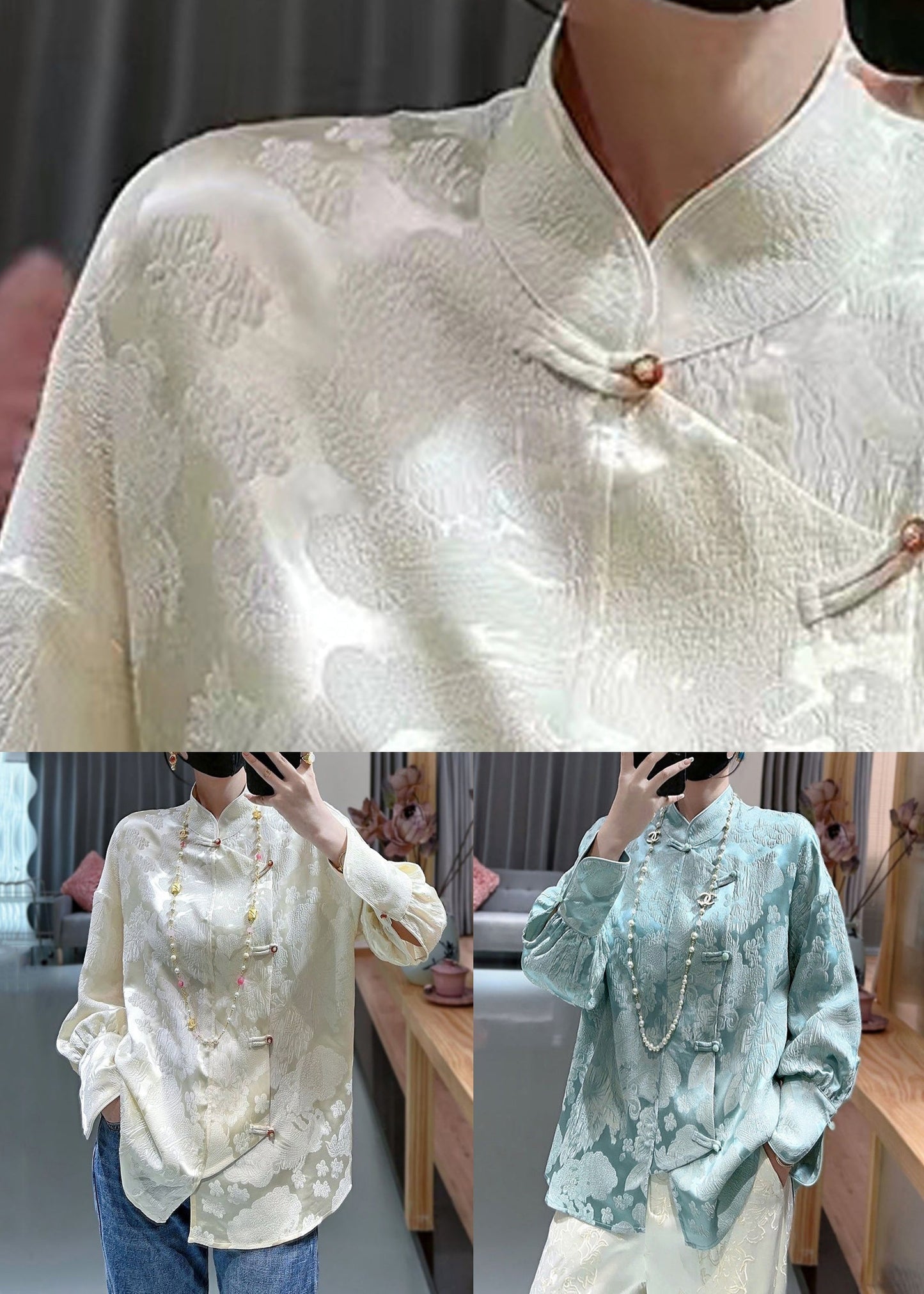 French Apricot Stand Collar Print Silk Blouses Spring Qa1053