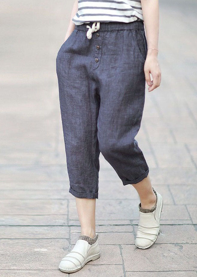 Denim Blue Pockets Patchwork Linen Crop Pants Summer Ly0629