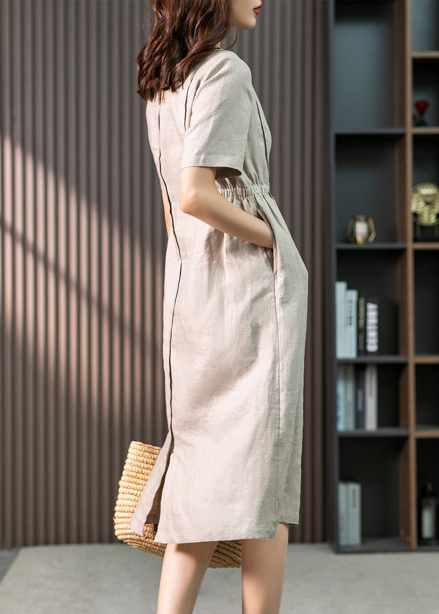 Khaki O-neck Patchwork Wrinkled Linen Long Dresses Summer Ly1755