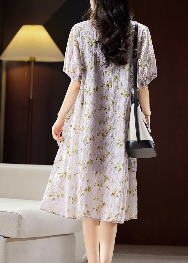 Light Purple Print Patchwork Cotton Holiday Long Dress Puff Sleeve Ww029