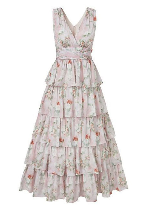 Pink V Neck Print Chiffon Long Dresses Sleeveless Zl025