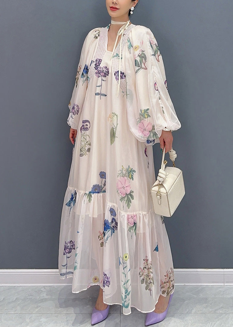 White Print Chiffon Long Dresses Lantern Sleeve Ar1027