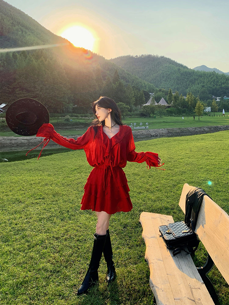 Red Ruffle Sleeve Two-piece Set Western Desert Adventure Outfit