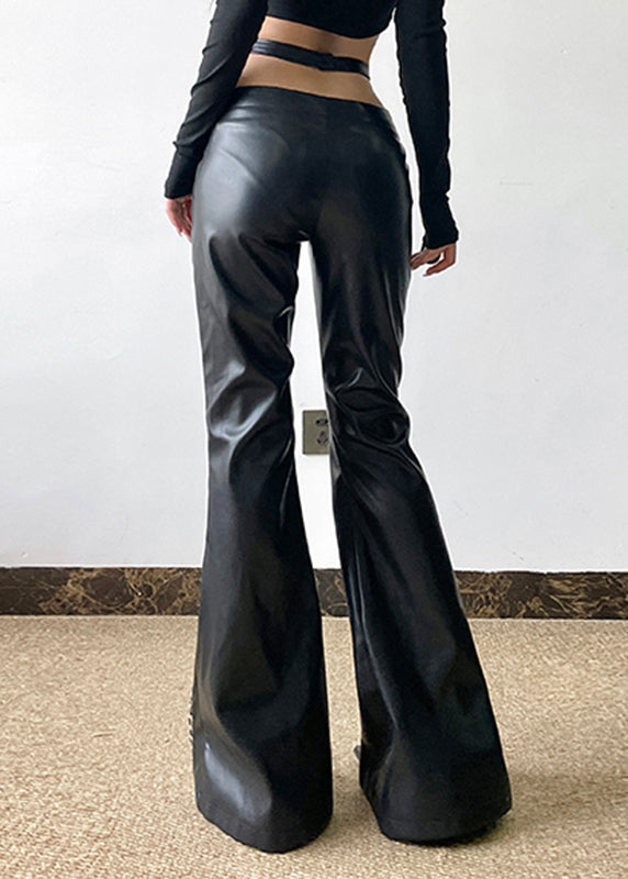 Black Pu Spring Patchwork Pants Leopard Asymmetrical