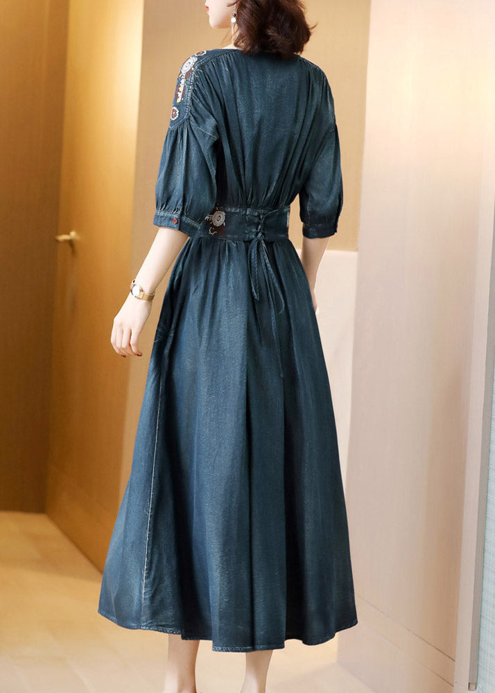 Blue O-neck Wrinkled Tunic Cotton Denim Maxi Dress Long Sleeve Ac2037