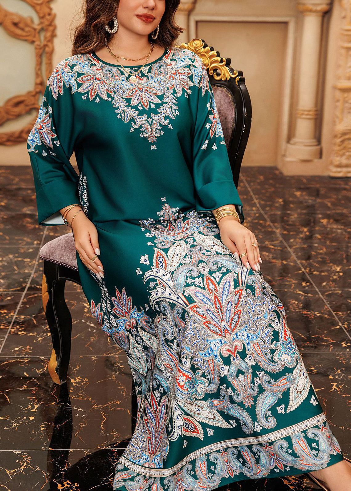 Green O-neck Print Cotton Long Dress Fall Wo046