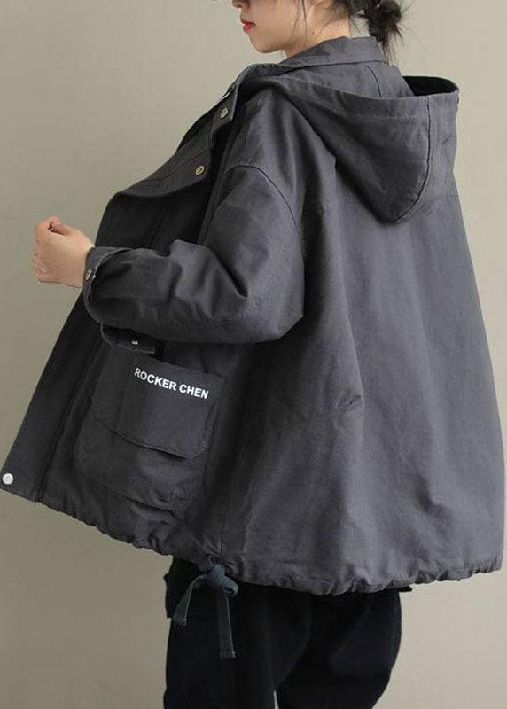 Grey Zippered Loose Drawstring Fall Long Sleeve Coat Qs039