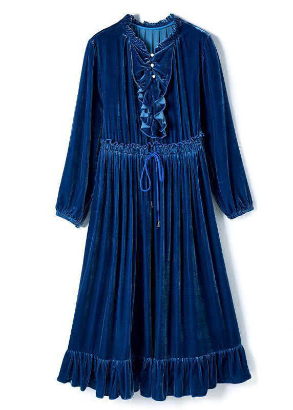 Navy Cinched Patchwork Ruffles Silk Velour Long Dress Ac3001