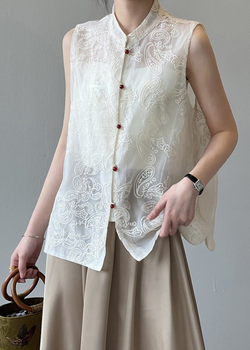 Boutique Beige Stand Collar Embroidered Tulle Waistcoat Summer Vb1082