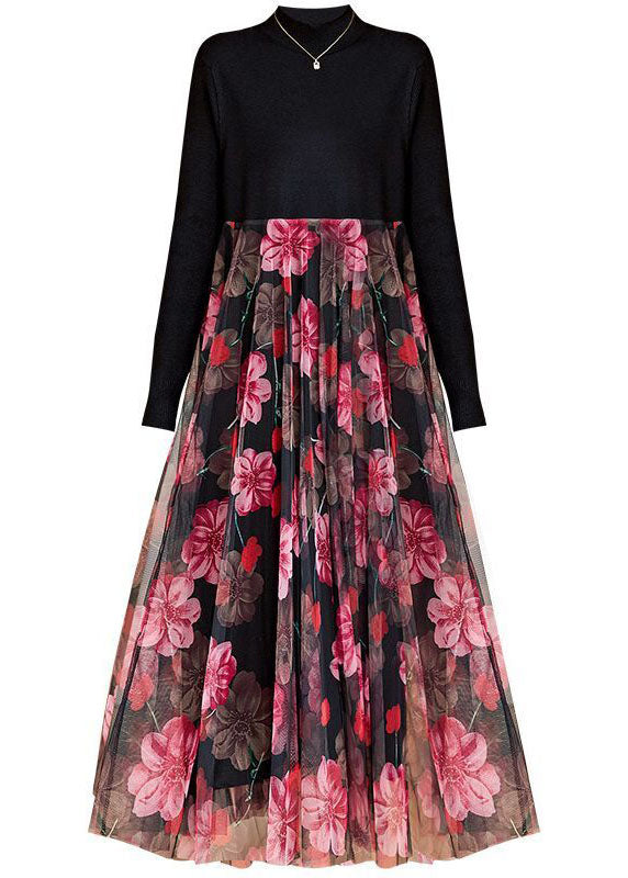 Boutique Black High Neck Patchwork Tulle Print Knit Maxi Dresses Spring Ac2049