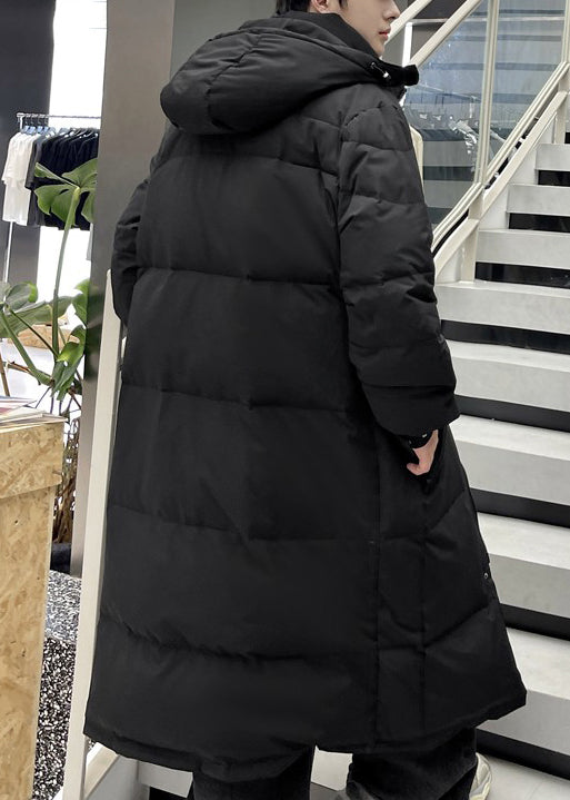 Boutique Black Hooded Button Pockets Duck Down Long Coats Winter Rj004