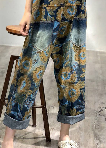 Boutique Blue Oversized Print Denim Overalls Jumpsuit Spring Oo034