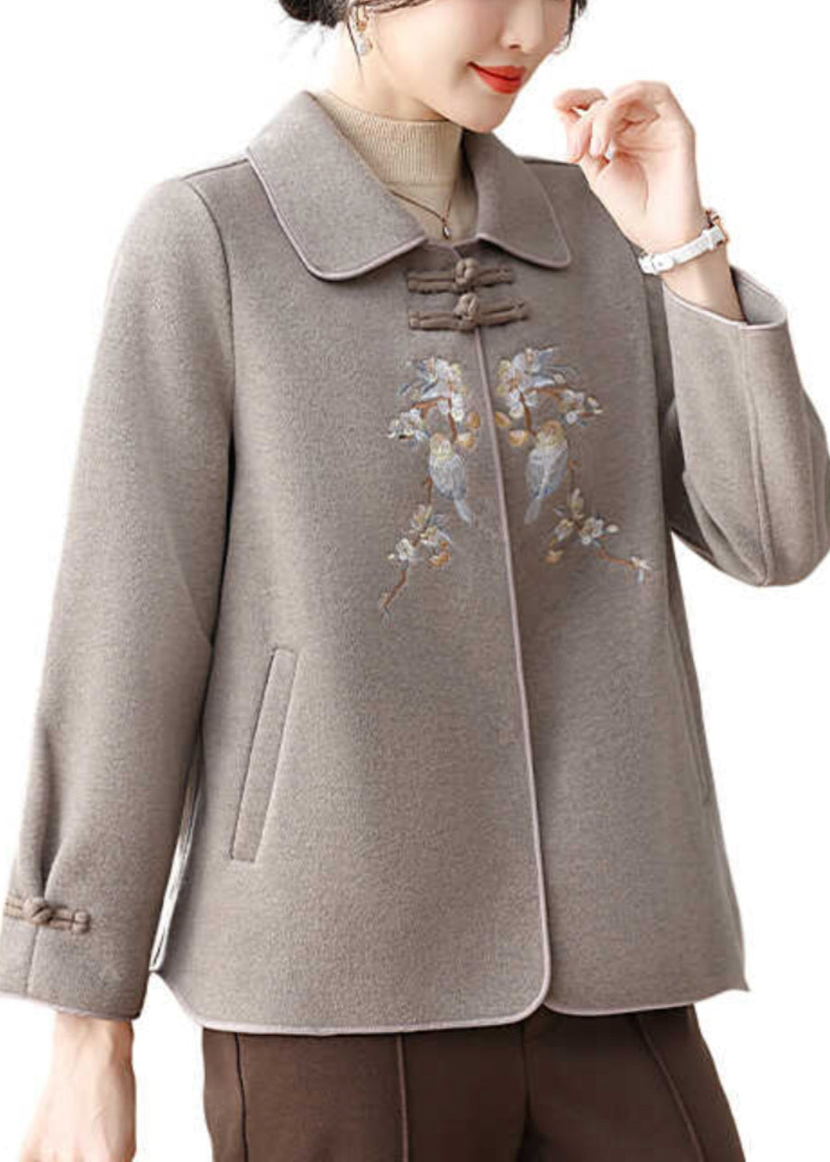 Boutique Grey Embroidered Oriental Button Woolen Coats Winter Rs029
