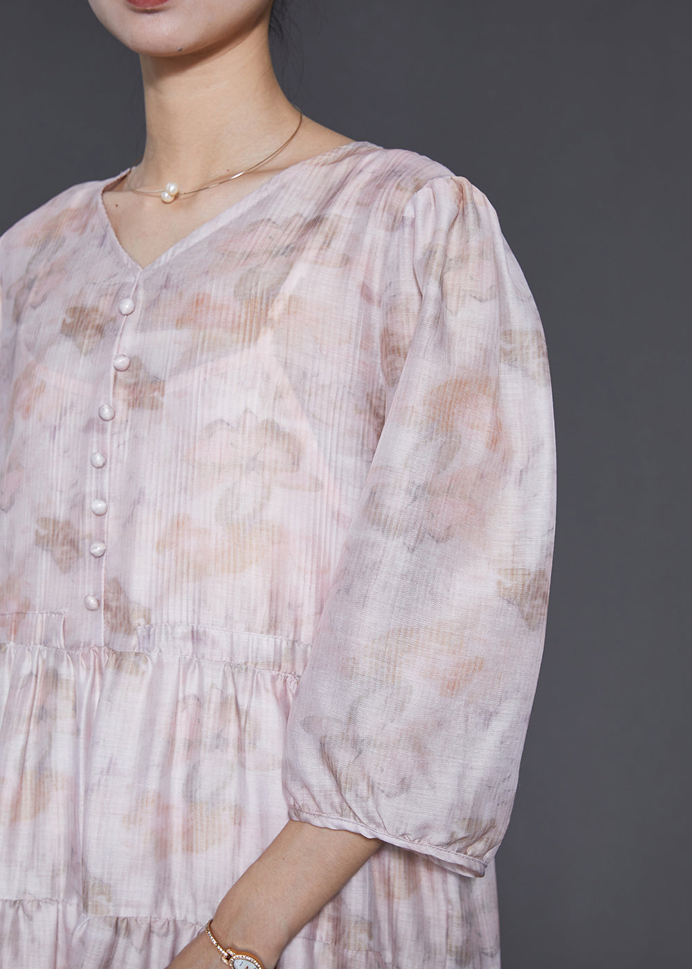 Boutique Light Purple V Neck Print Cotton Long Dress Bracelet Sleeve Sd1054