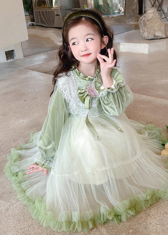 Boutique Silk Velour Patchwork Green Stand Collar Ruffled Tulle Maxi Dress Flare Sleeve Tg007