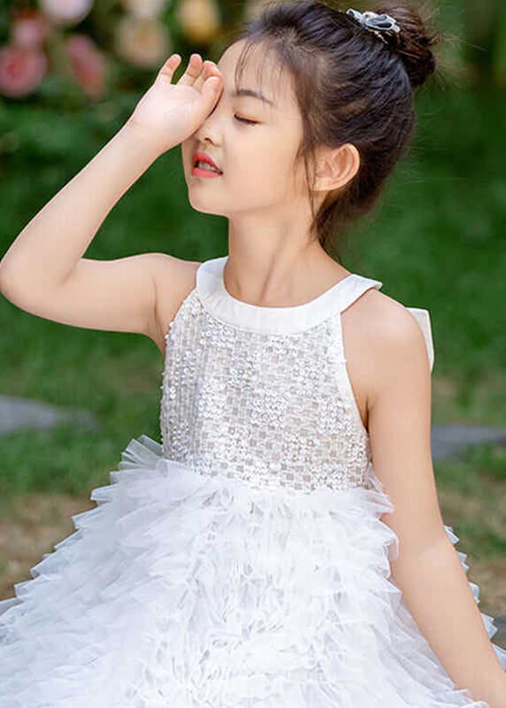 Brief White Bow Patchwork Tulle Kids Maxi Dress Summer Ew029