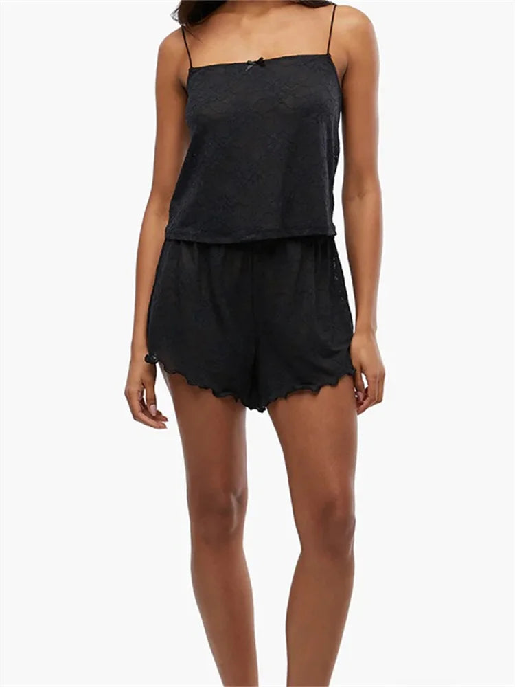 Lace 2 Pieces Summer Lounge Set Sleeveless Strap Lace Mesh Sheer Shorts Sleepwear Crop Top