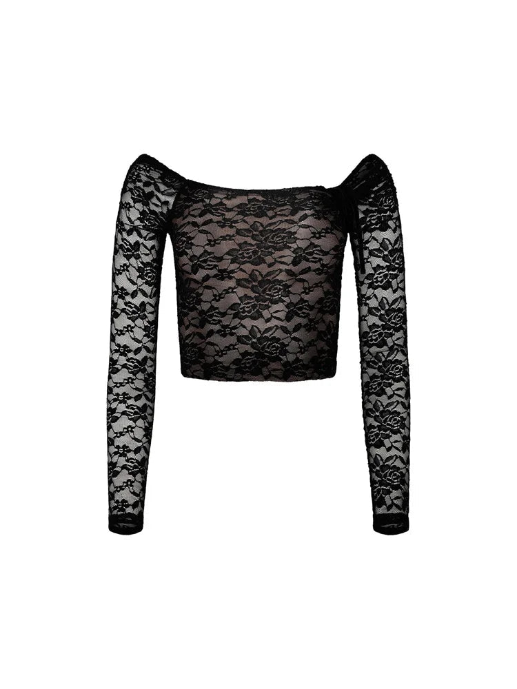 Lace Slash Neck Long Sleeve Off Shoulder Spring Fall T-shirts