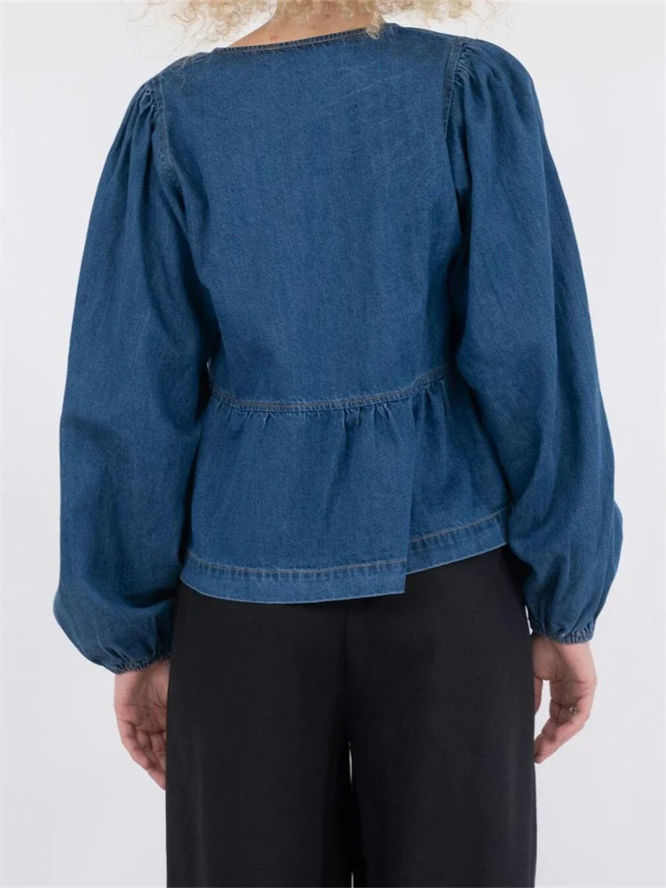 Lace-up Denim V-neck Blouse