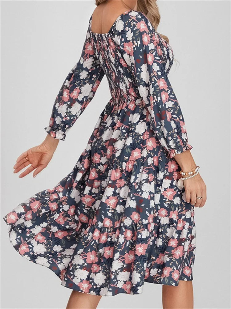 Print Long Sleeve High Waist A-line Midi Dress