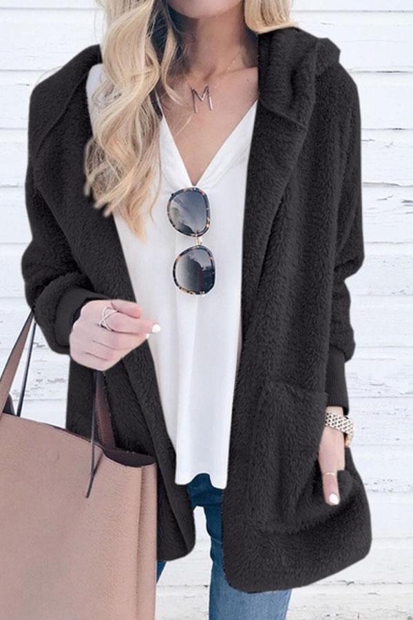 Color Plush Cap Long Sleeve Cardigan Coat