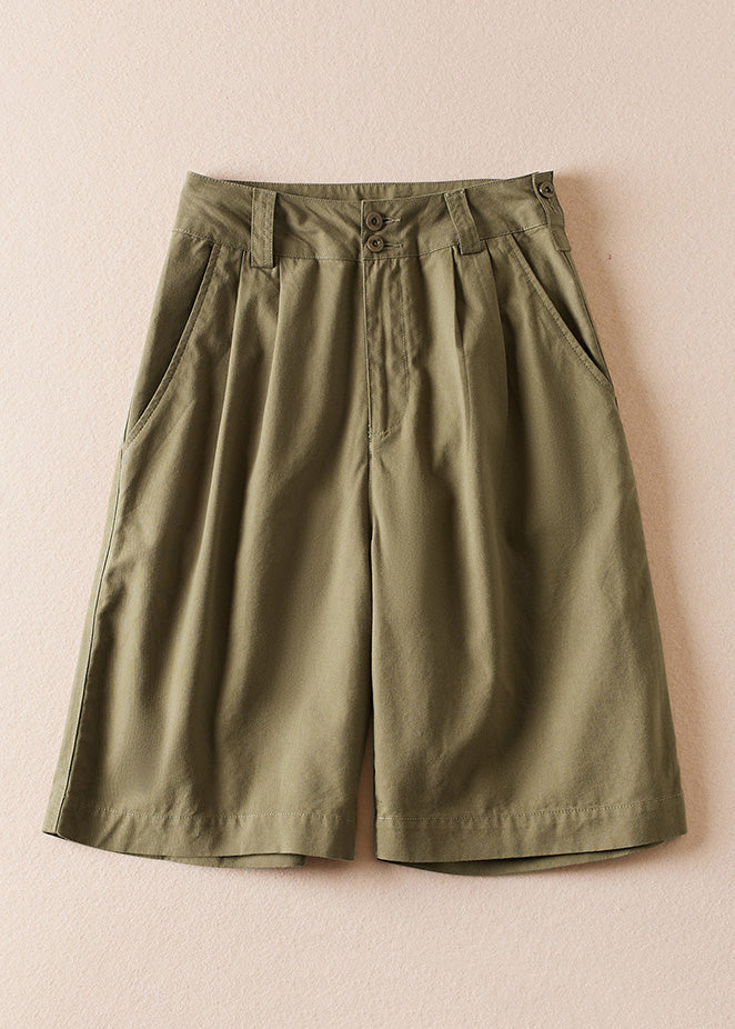 Army Green Pockets High Waist Cotton Shorts Summer Am1060