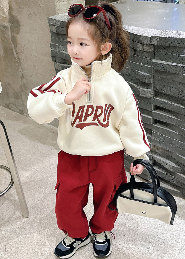 Beige Stand Collar Zippered Warm Fleece Top and Pants Two Piece Set Winter Tr028