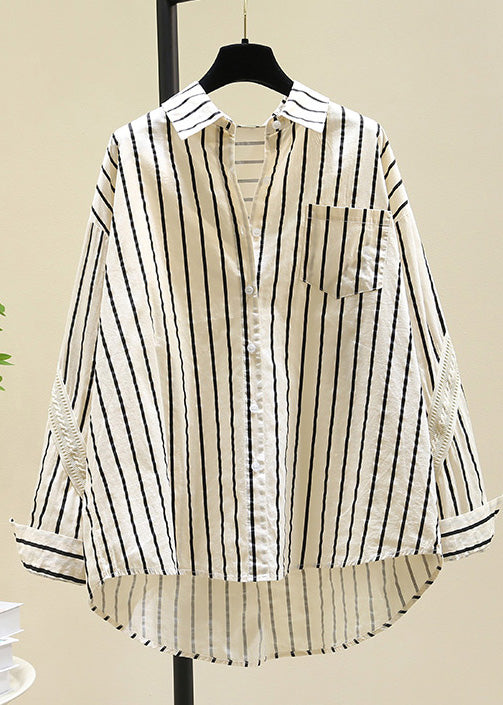 Black Peter Pan Collar Striped Cotton Blouse Top Fall Rf011