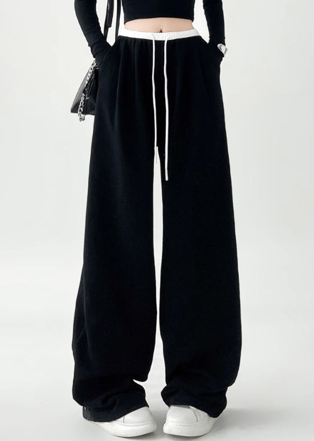 Black Pockets Tie Waist Wide Leg Pants Spring Ta043