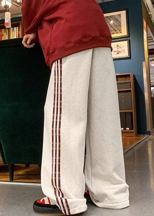 Black Striped Warm Fleece Pants Elastic Waist Spring Rm051