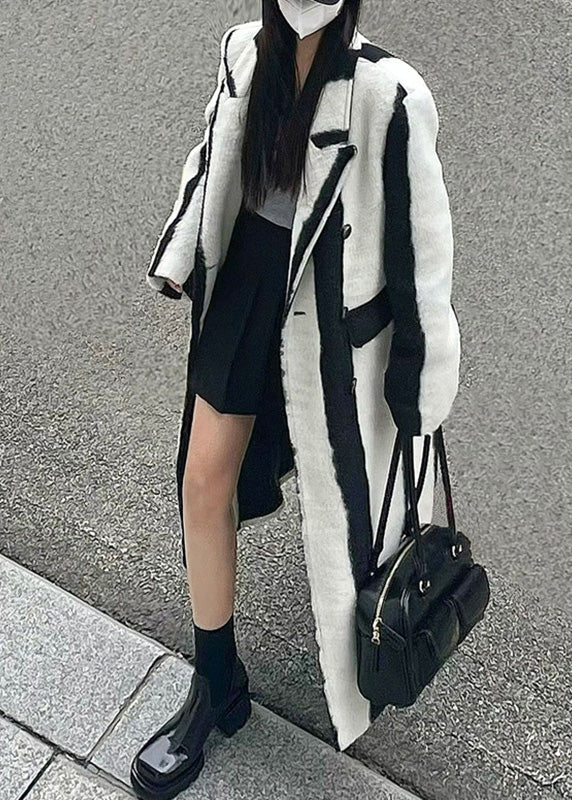 Black White Striped Notched Button Woolen Maxi Coats Winter Rp001