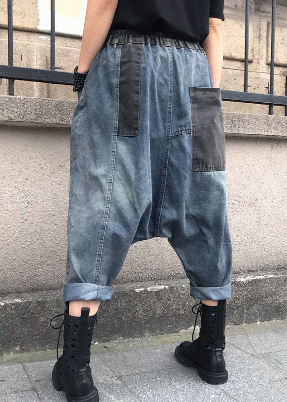 Blue Embroidered Elastic Waist Denim Pants Summer Ff061