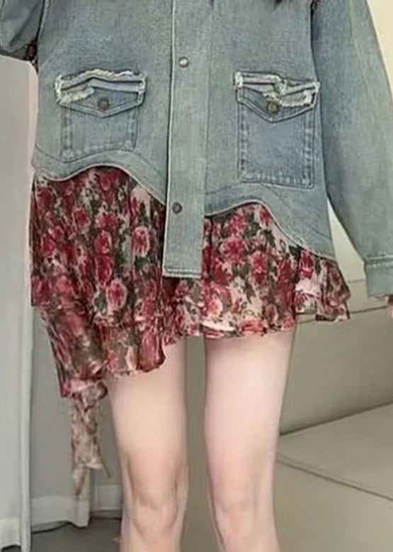 Blue Peter Pan Collar Asymmetrical Print Print Denim Coat Spring Rp023