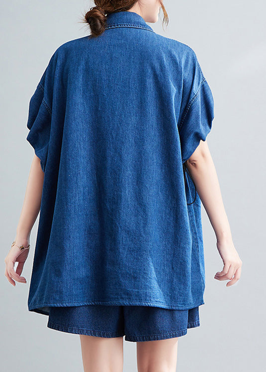 Blue Peter Pan Collar Cotton Shirts and Shorts Two Pieces Set Summer Ac2063