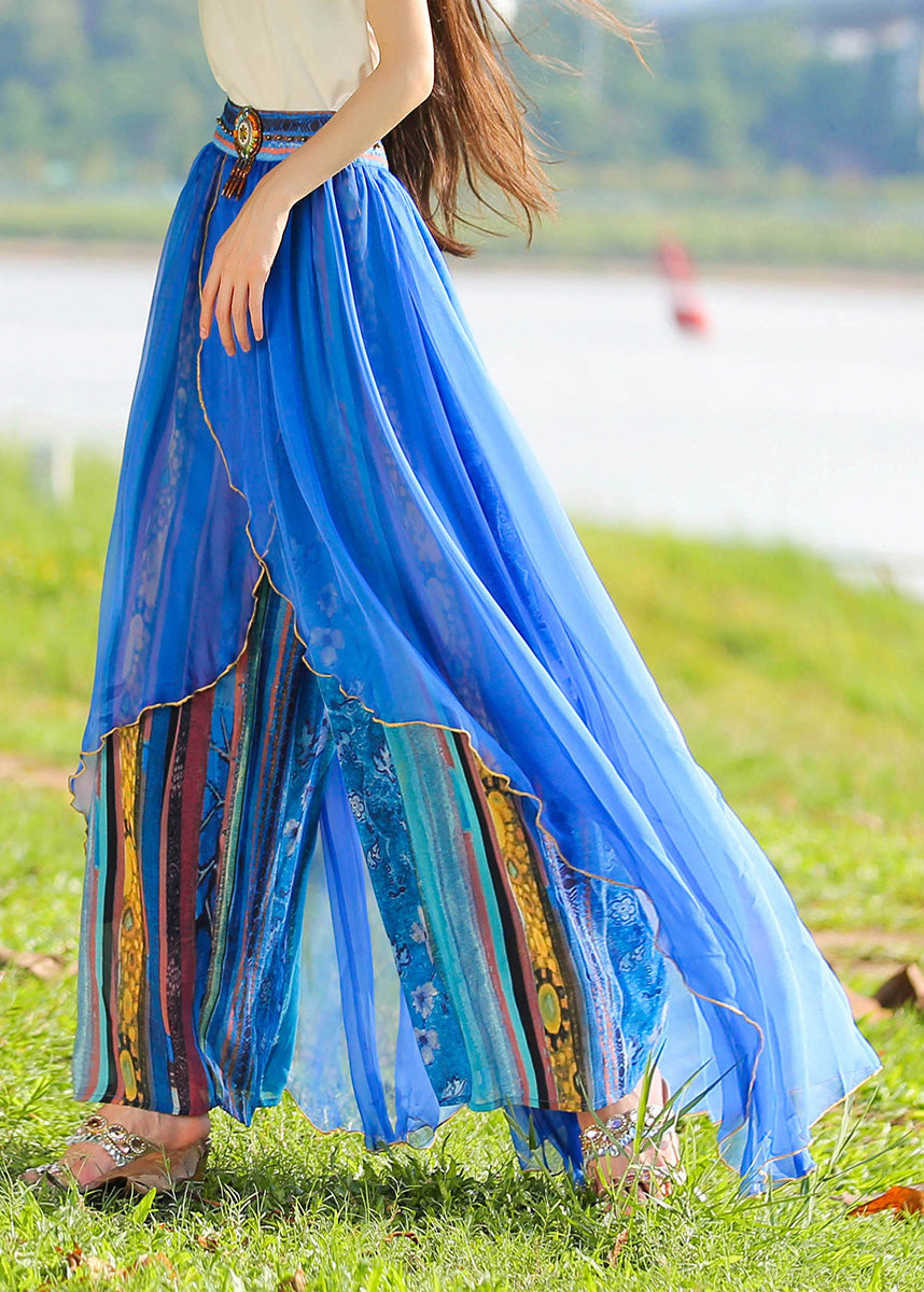 Blue Print Elastic Waist Chiffon Holiday Pants Skirt Summer Ly0188