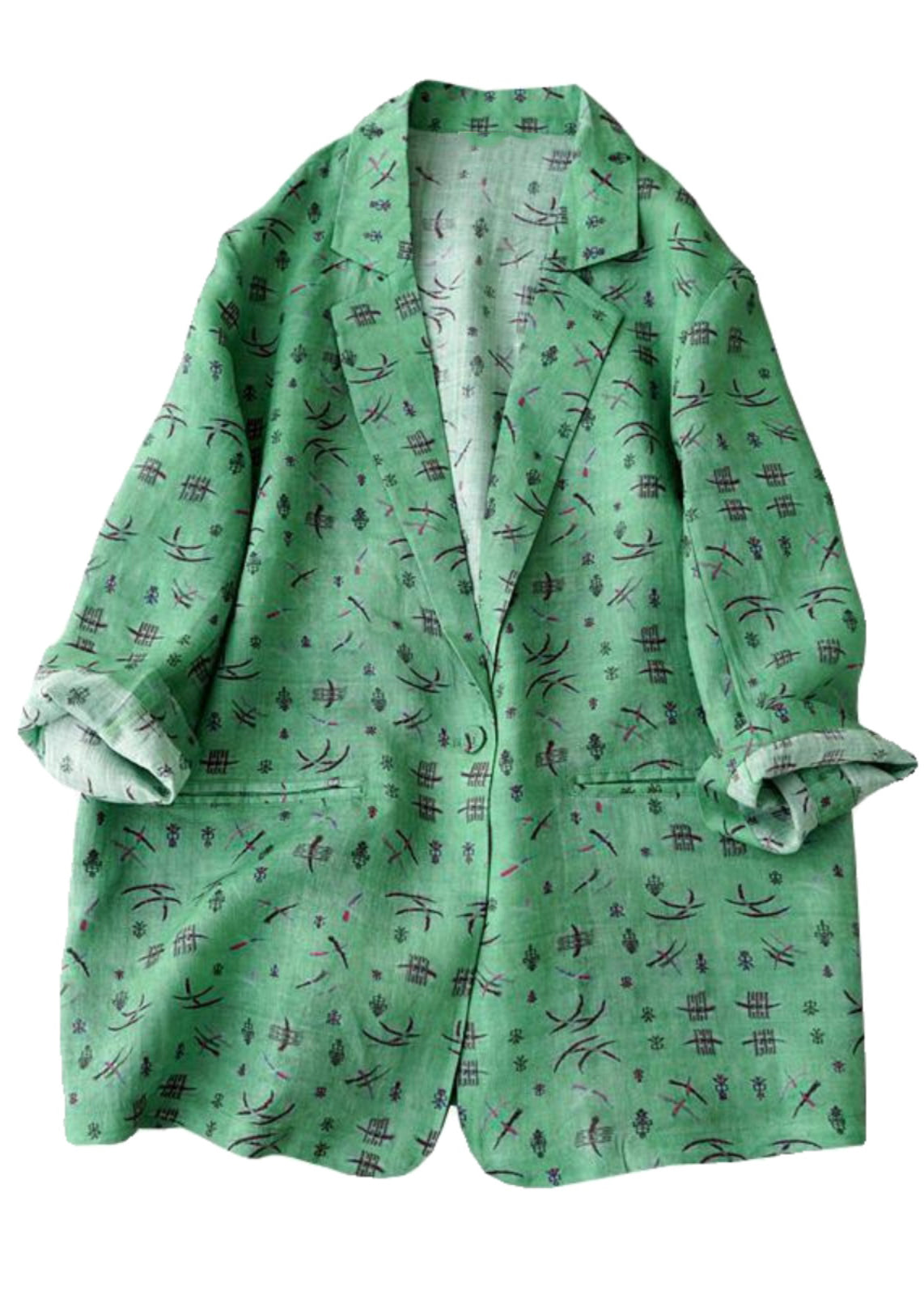 Green Notched Print Coats Long Sleeve Am1054