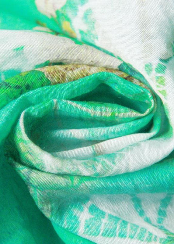 Green O Neck Print Patchwork Silk Blouse Top Batwing Sleeve Ti1053
