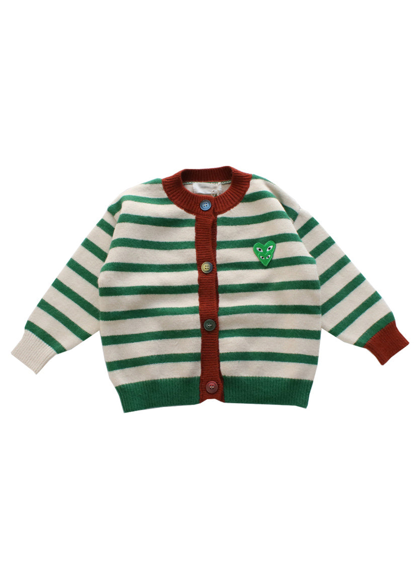 Green O-neck Striped Button Cotton Knit Kids Cardigan Winter Wl035