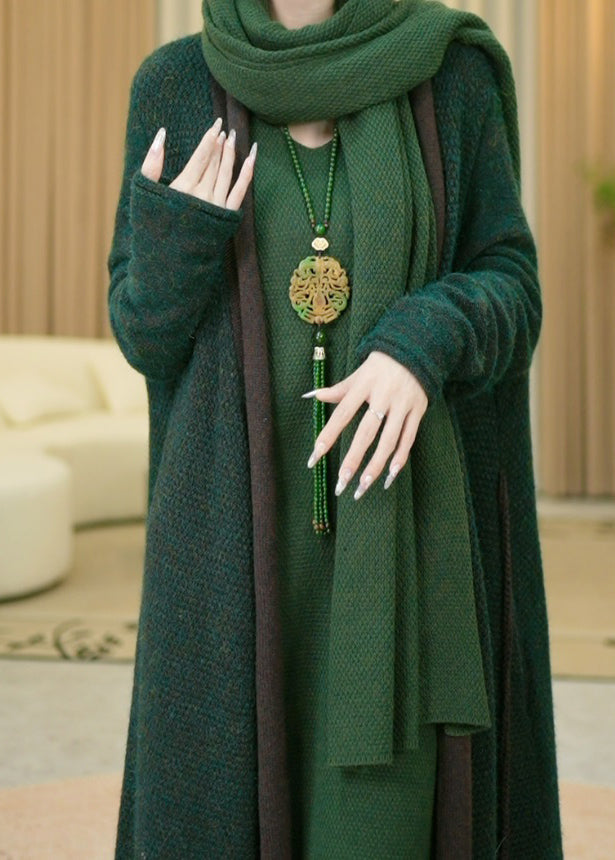 Green V Neck Cozy Warm Cotton Knit Long Cardigans Winter Rf031