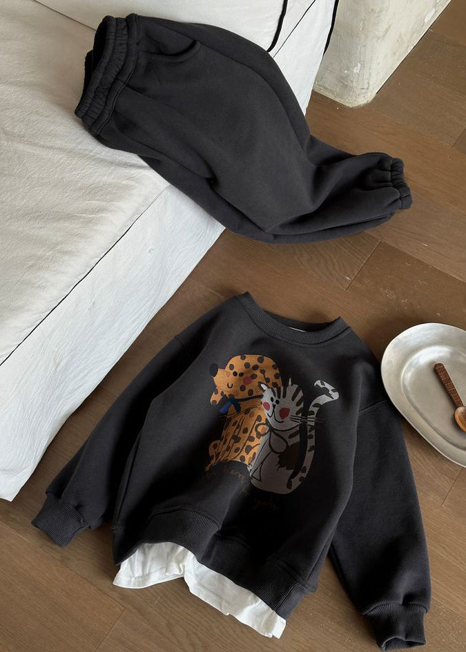 Grey Print Warm Fleece Sweatshirt and Lantern Pants Two Piece Set Spring Tr015
