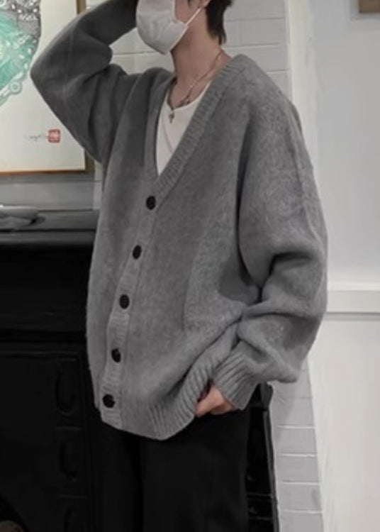 Neck V Spring Knit Cardigans Button Grey